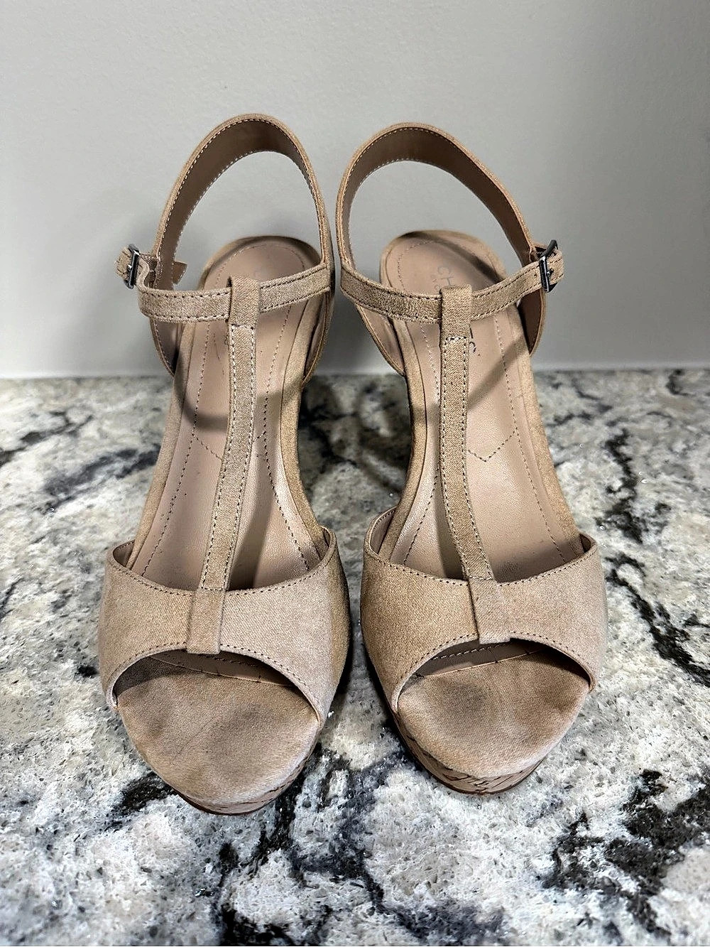 Charles by Charles David Peep Toe Cork 4” Wedge Sandals Beige US 7